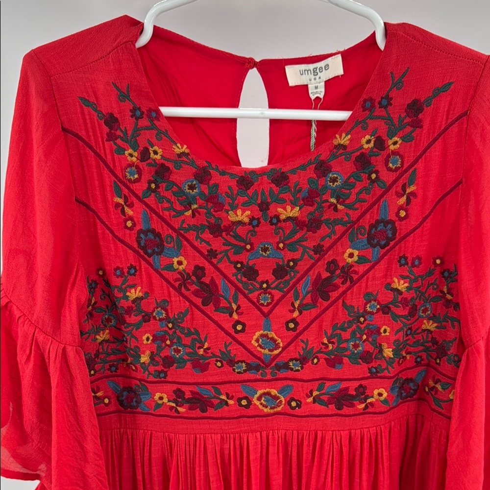Umgee Boho Bliss Red Strawberry embroidered Floral Mini Dress M bell sleeve - Picture 3 of 13